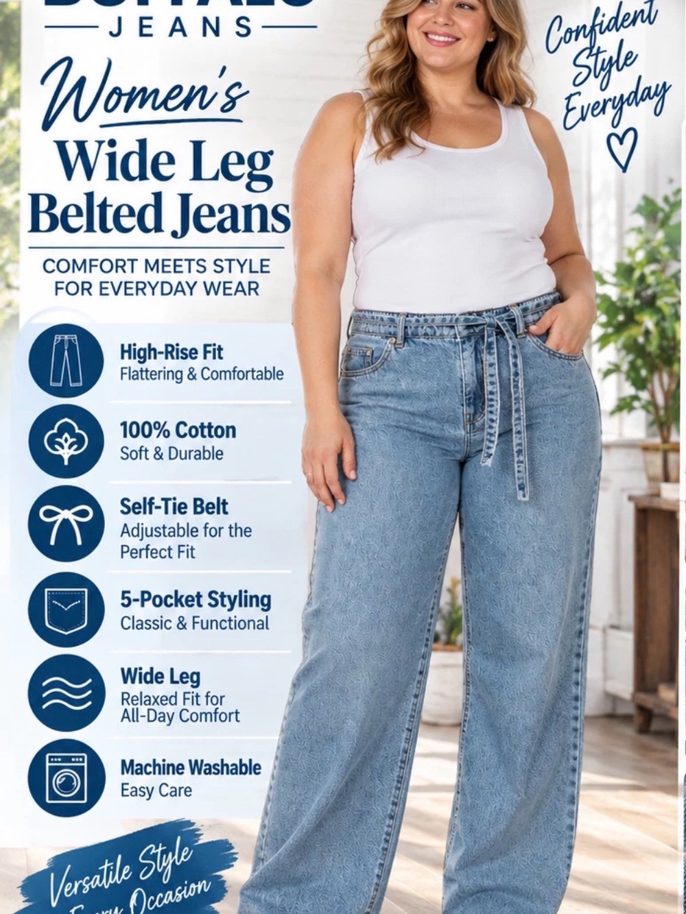 Buffalo Jeans Belted Light Wash Blue Wide-Leg Jeans Size 22